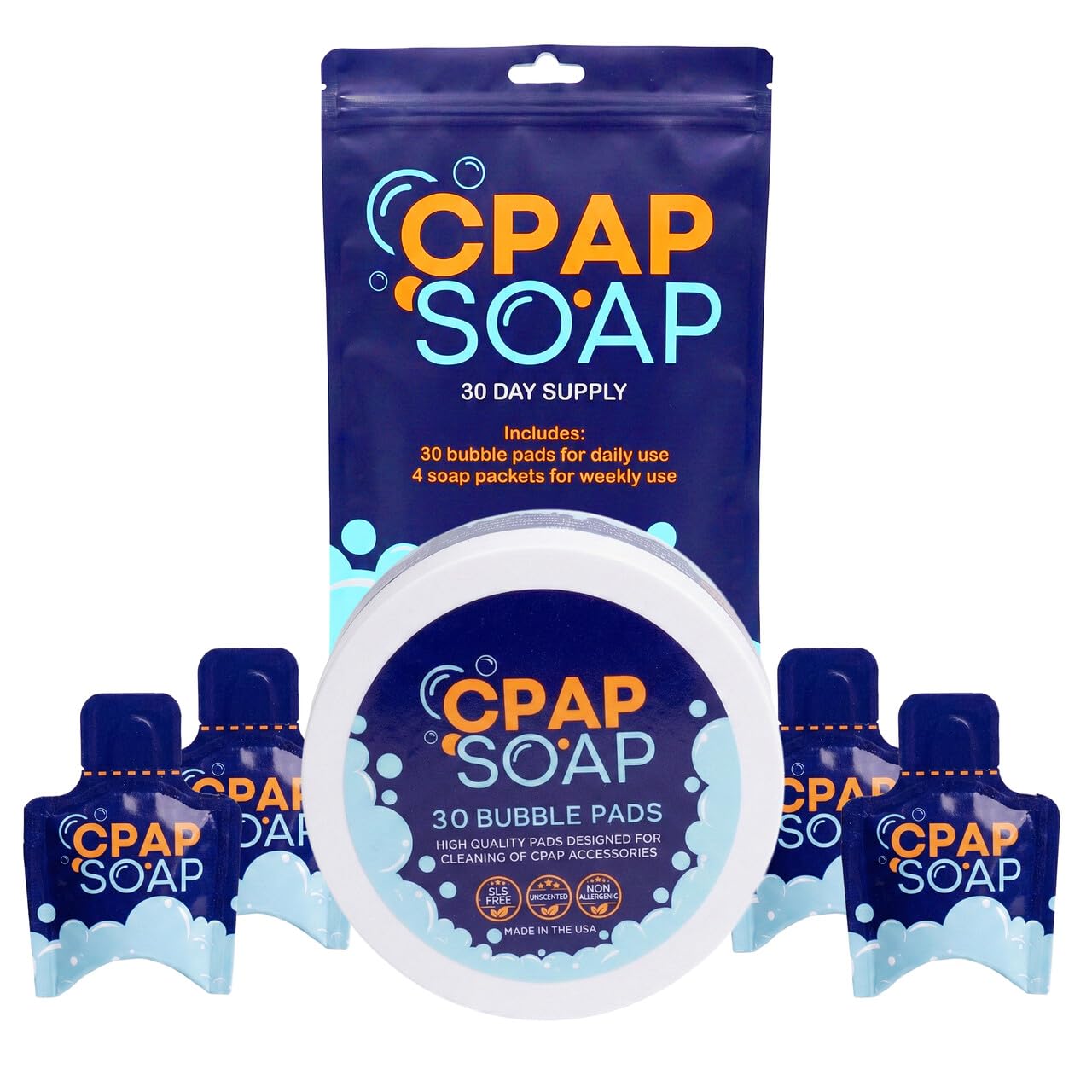 Cleaner - CPAP Soap Cleaning Kit with Disposable Pads and Gentle Detergent, Unscented Non-Alcohol Cleaning Wipes - 30 Day Supply