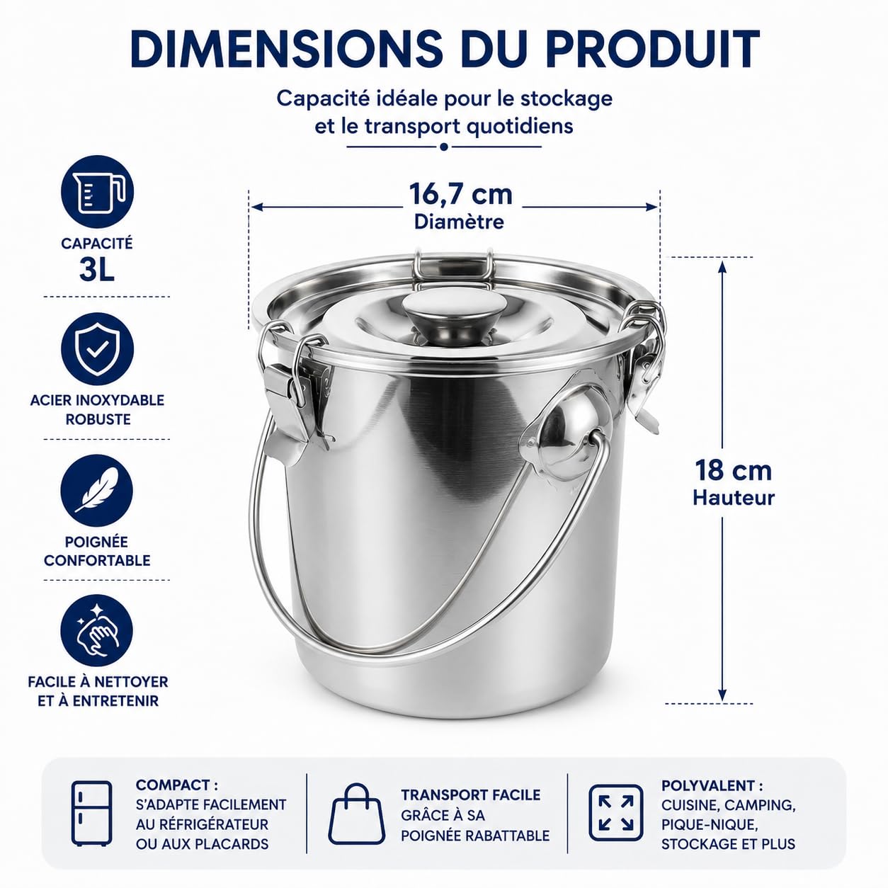 iPlusmile Contenedor de alimentos de cocina de acero inoxidable 3L hermético para cereales, arroz, leche - contenedor de harina con caja