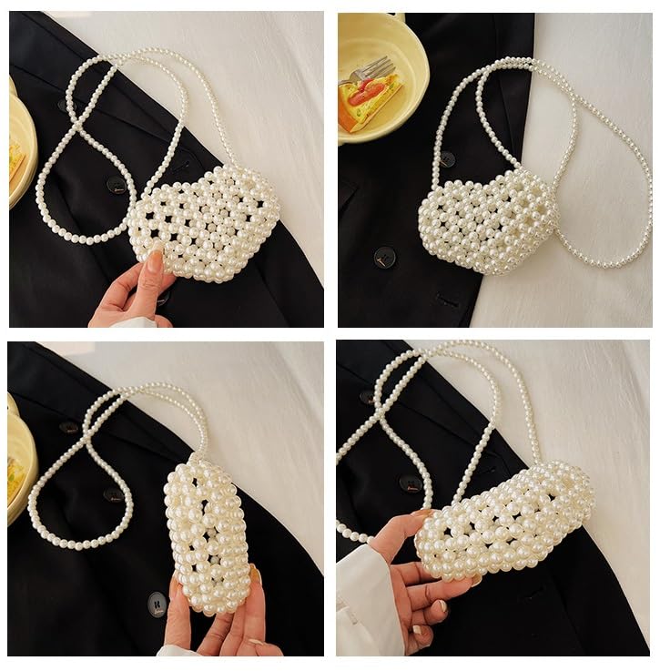Image of Heart White Beaded Pearl Crossbody Bag Acrylic Beaded Purse Mini Wrislet Clutch Elegant Evening Bag for Party Wedding