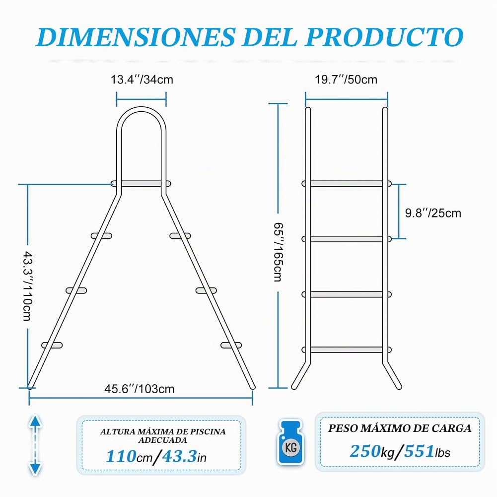 Escalera de piscina de 4 niveles de acero inoxidable, para piscina elevada, 132 cm de altura de piscina, escalones para piscinas elevadas, 250 kg de capacidad de carga