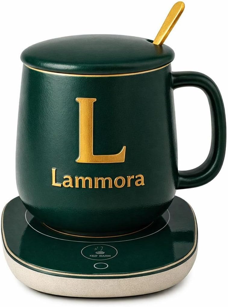 Self Heating Mug Set,13oz Olive Coffee Mug Warmer for Desk with Ceramic Cup, Lid, Spoon & Gift Box, Electric Coffee Cup Warmer with Constant Temperature for Home Office, Gift for Coffee Lovers