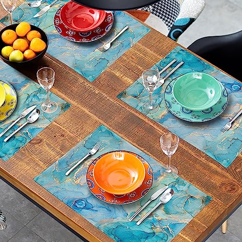 Marble Placemats Set of 4 18\" x 12\", Abstract Blue Teal Turquoise Gold Table Mats Heat-Resisting Non Slip Reversible Burlap Coffee Place Mats for Party Dining Table Kitchen Decor and Accessories