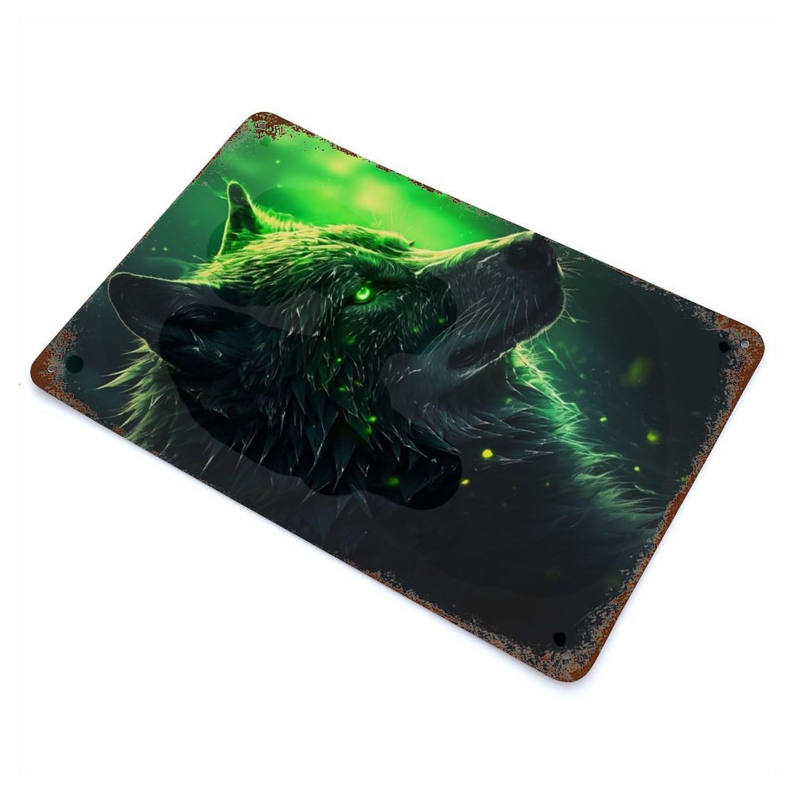 Black Wolf Green Eyes Distressed Metal Wall Sign 11.8"x7.9", for Farmhouse, Kitchen And Entryway Decor, Rustic Home Decor