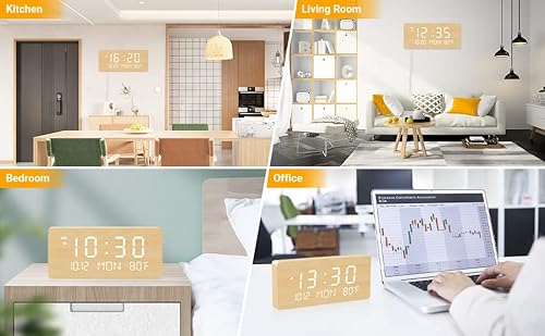 Andoolex Wooden Digital Wall Clock With Remote Control, 5 Levels Adjustable Brightness, Clear Led Display With Date/Week, 12/24Hr, Indoor Temperature Alarm Clock For Home/Office/Warehouse (Bamboo) #TOP6