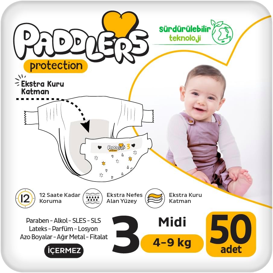 Paddlers Protection Bebek Bezi 3 Numara Midi (4-9 Kg) 50 Adet – Jumbo Paket, Maksimum Koruma
