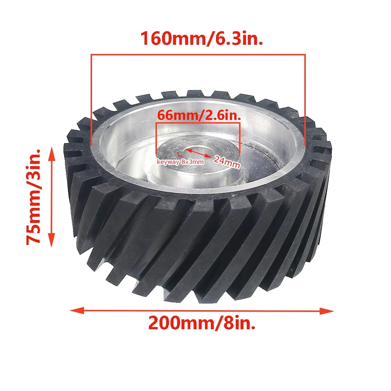 Roue de contact en caoutchouc dentelée 200 x 75 mm, équilibrée dynamiquement, for ponceuse à bande(6004 installed 20,Medium 70A)
