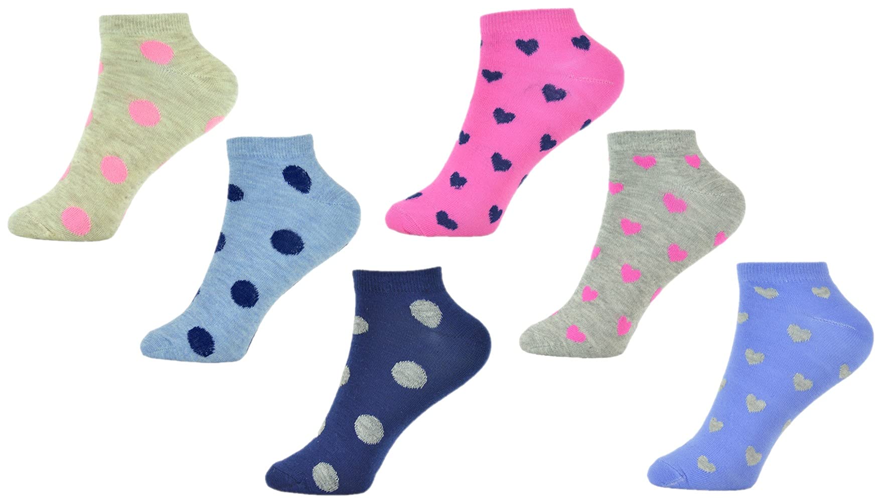 Rjm 6 Pairs Ladies Heart and Polka Dot Patterned Trainer Socks