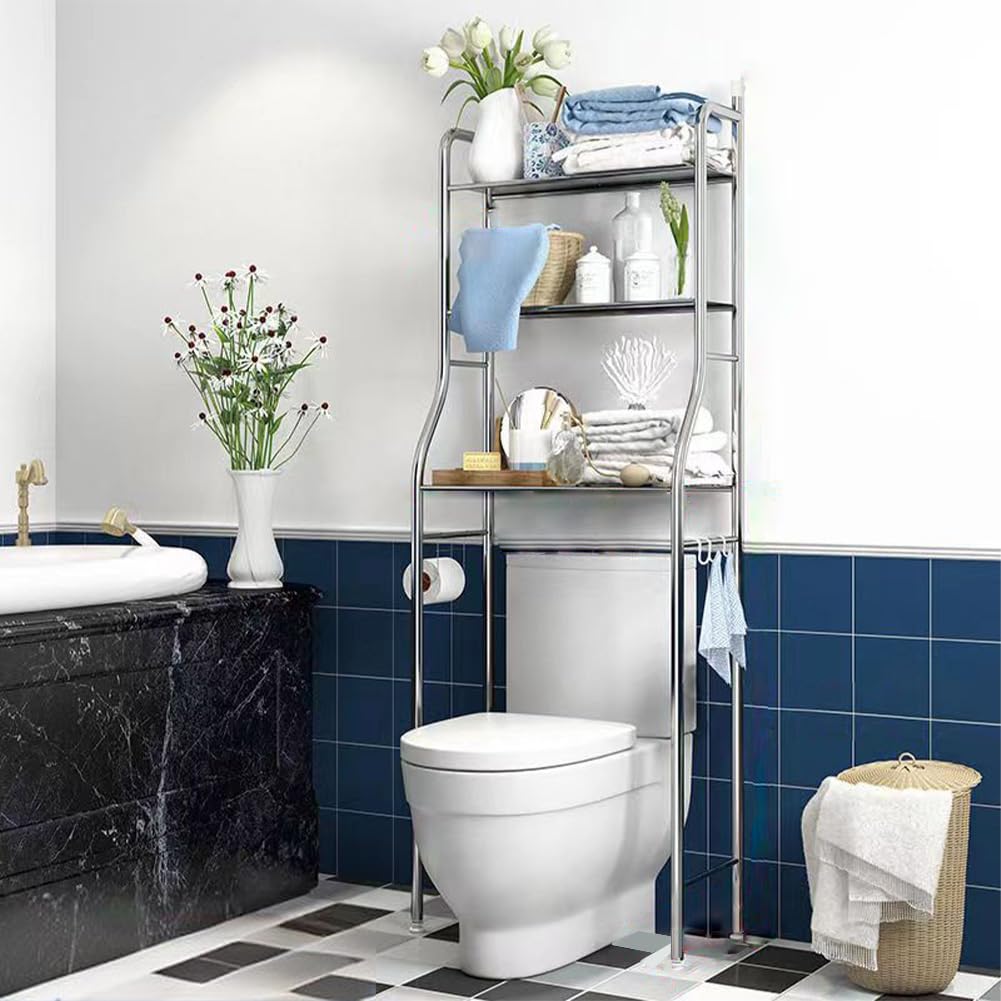 Meuble De Rangement Au-Dessus des Toilettes, MéTal Meuble WC Rangement Gain De Place, Armoire Toilette WC Meuble Salle De Bain Rangement Toilette avec 3 Niveaux, Argent, 50x25x160 cm
