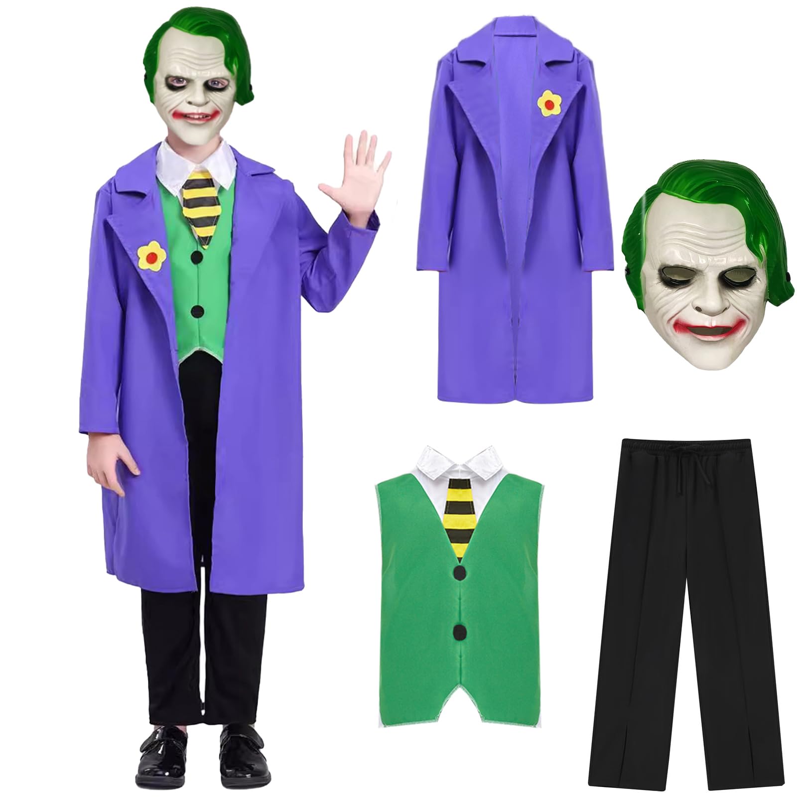 Makoike 4Pcs Clown Costume for Kids Knight Costume Scary Killer Clown Mask Vest Coat Pants Halloween Costume Cosplay Props