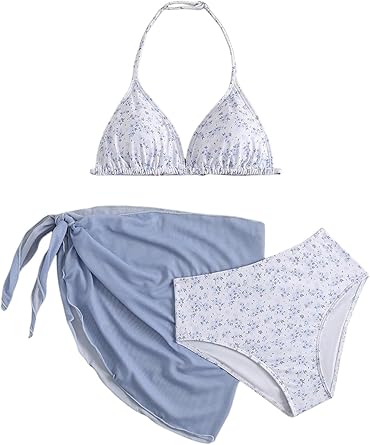 Milumia Girls 3 Piece Bikni Set Ditsy Floral Halter Swimsuit with Cover Up Skirts