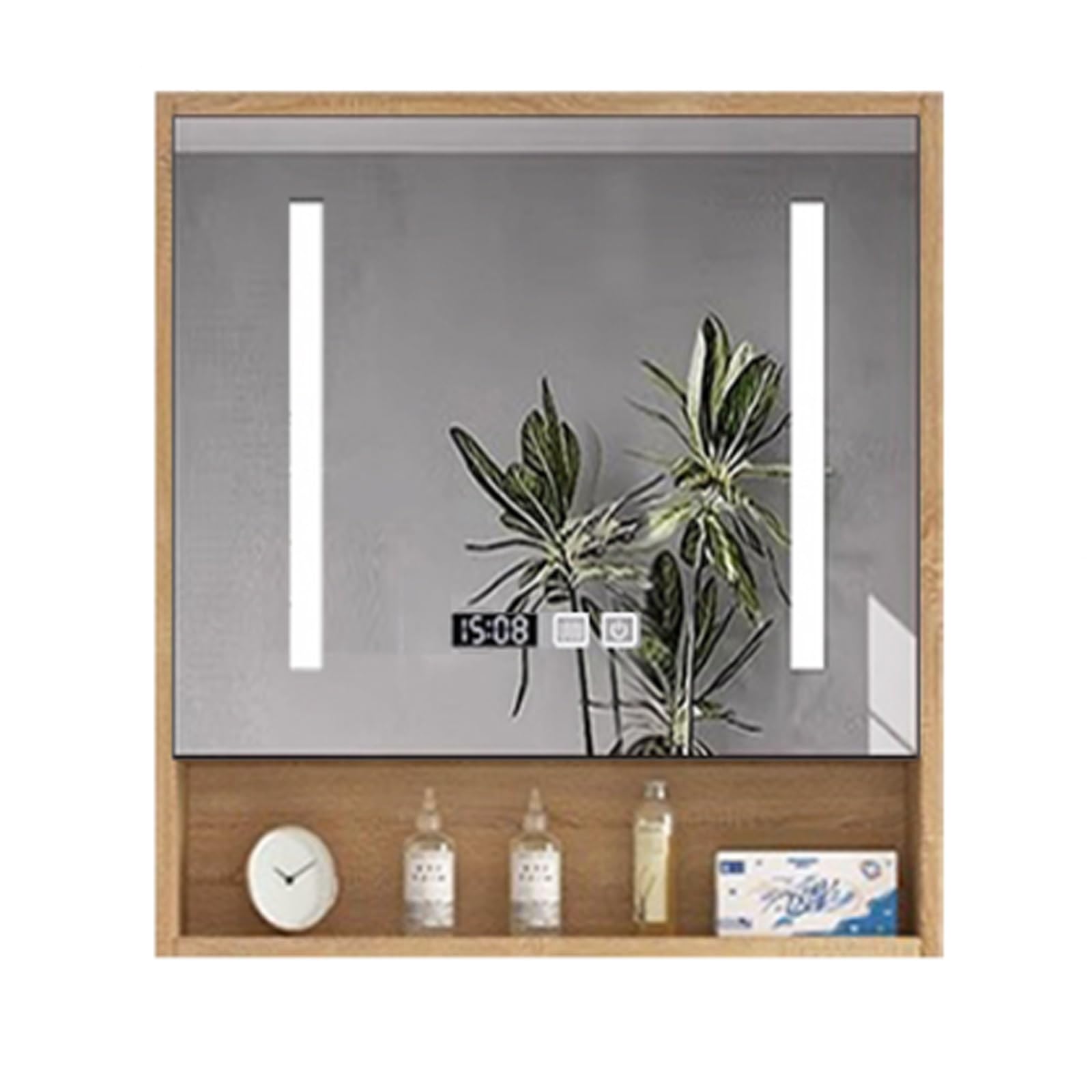 BKSXSOP LED Bathroom Mirror with Storage - Intelligent Anti-Fog Vanity Touch Switch & Time Display, Solid Wood Cabinet, Illuminated Lighting for Home Use