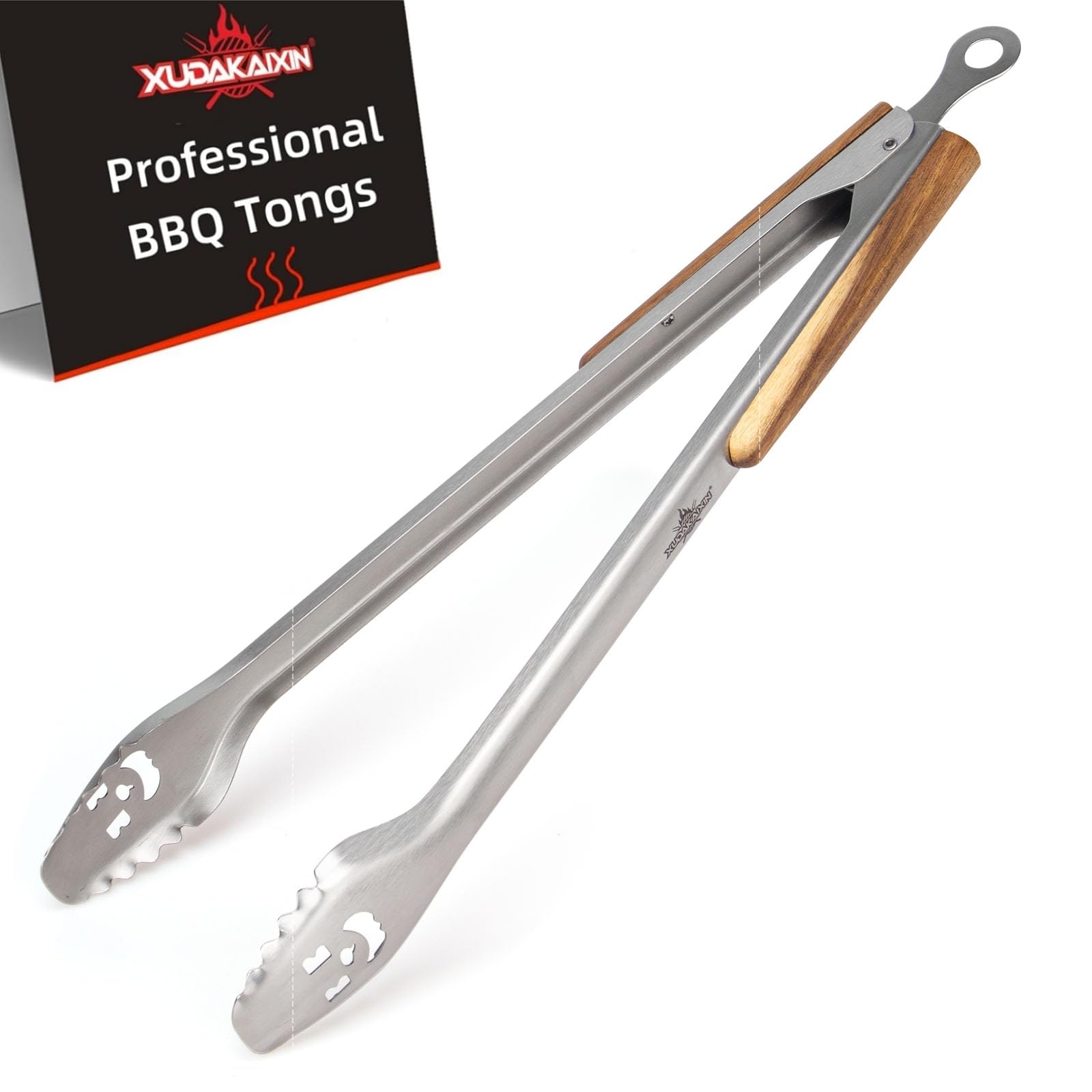 XUDAKAIXIN 53,3 cm extra lange Grillzange aus Edelstahl mit verlängertem, luxuriösem Akaziengriff – langlebiges und leicht zu reinigendes Grillwerkzeug zum Kochen, für die Küche und Grillen im Freien