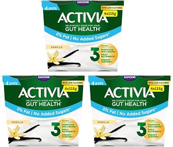 Gut Health Yoghurt Activias Multipacks Rhubarb, Strawberry, Vanilla and Blueberry 12x115g Vanilla Sugar Free 12x115g