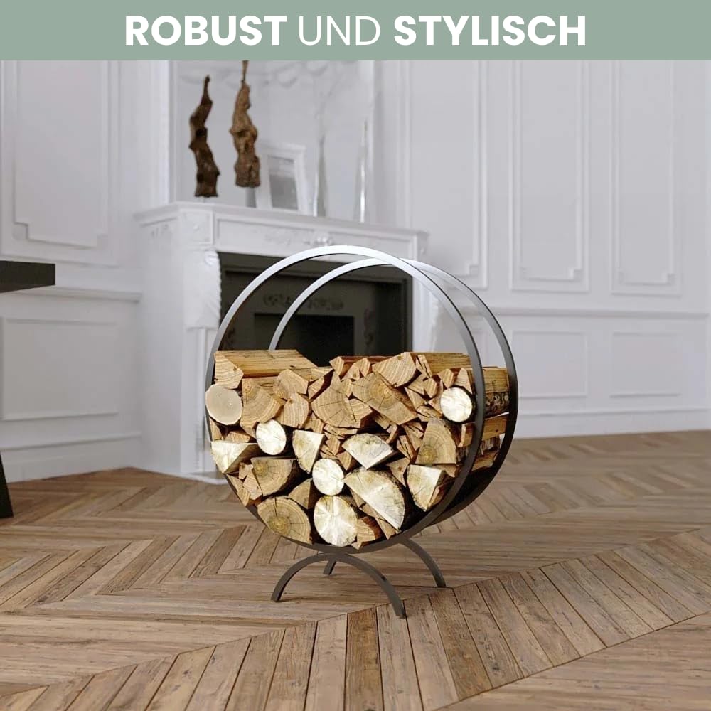 DELUKE Brennholzregal innen Metall FUSI | Rund, Schwarz | Kaminholzständer Feuerholzregal Kaminholzhalter Holzständer Holzhalter innen Holzlager