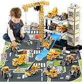 TEMI Construction Vehicles Toy for Boys, 60PCS Kids Engineering Trucks Vehicle w/Tractor, Crane, Dum