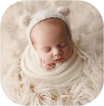 Coberllus Newborn Photography Wraps & Bear Bonnet Photoshoot Props | Crochet Knitted Stretch Blanket Set for Wrapping Baby Boys Girls for Photos