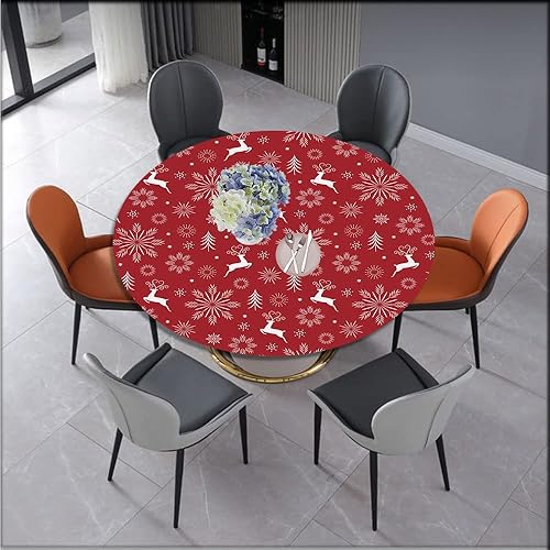 Miniatura 2 de JUNTAIY Elastic Tablecloth, Christmas Elastic Edge Design Print Polyester Table Cloth, Seasons Greetings Beautifil Christmas, Fits Round Table 61"