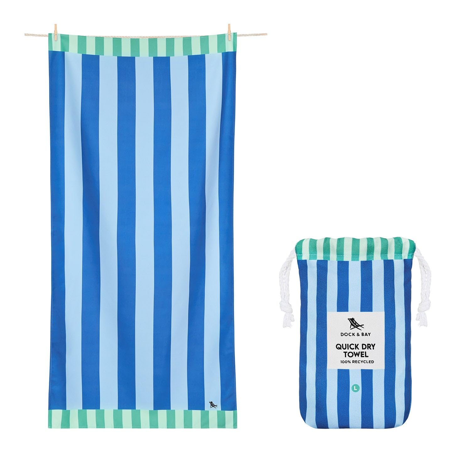 Dock & BayBeach Towel - Quick Dry, Sand Free - Compact, Lightweight - 100% Recycled - Includes Bag - Blue Sky - Large (160x90cm, 63x35)