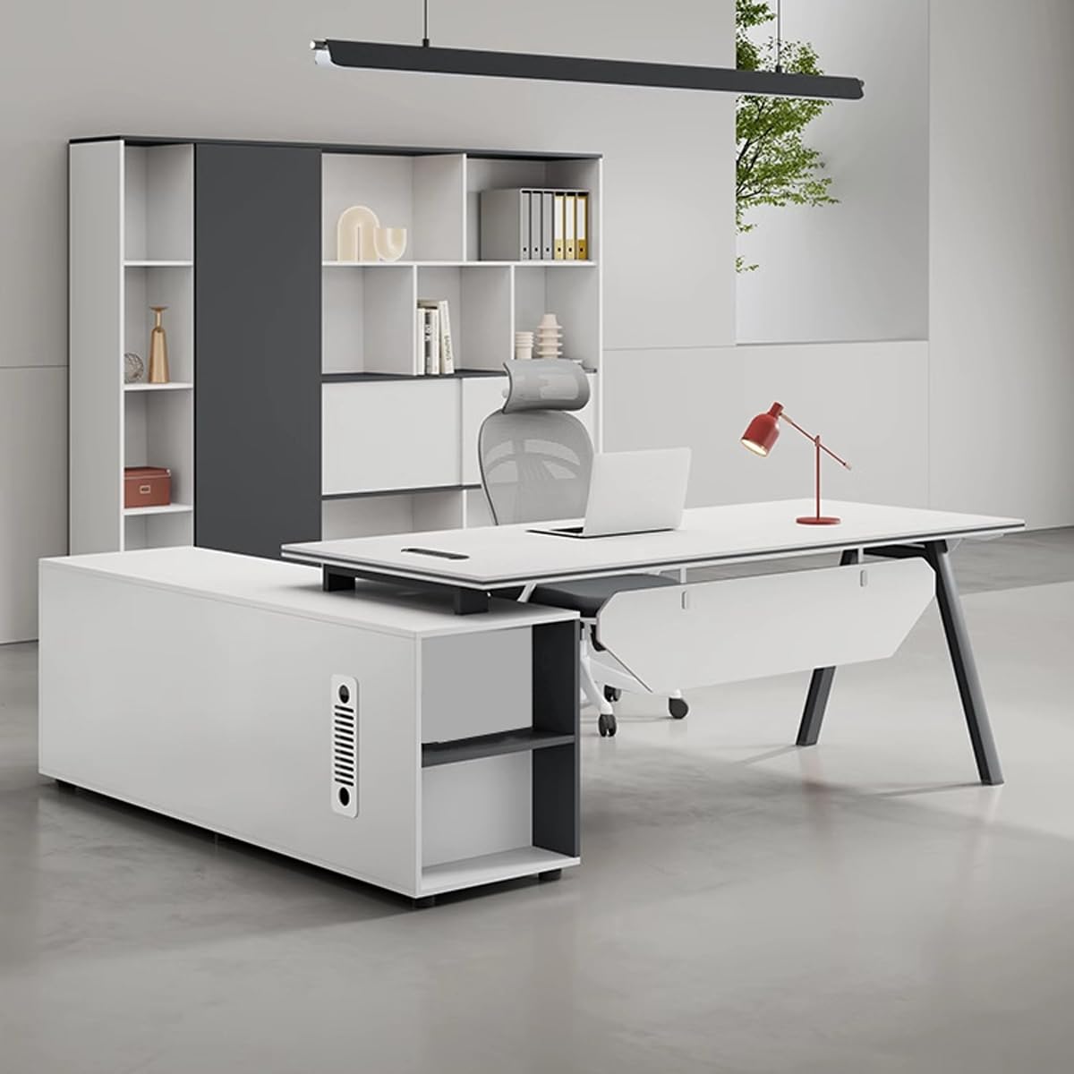 DUWEIKE L-Shaped Office Desk, Modern 2 Tone Manager Desk with Side Cabinet, Home Executive Office Table Computer Workstation for Work Study,Grey,1.8m