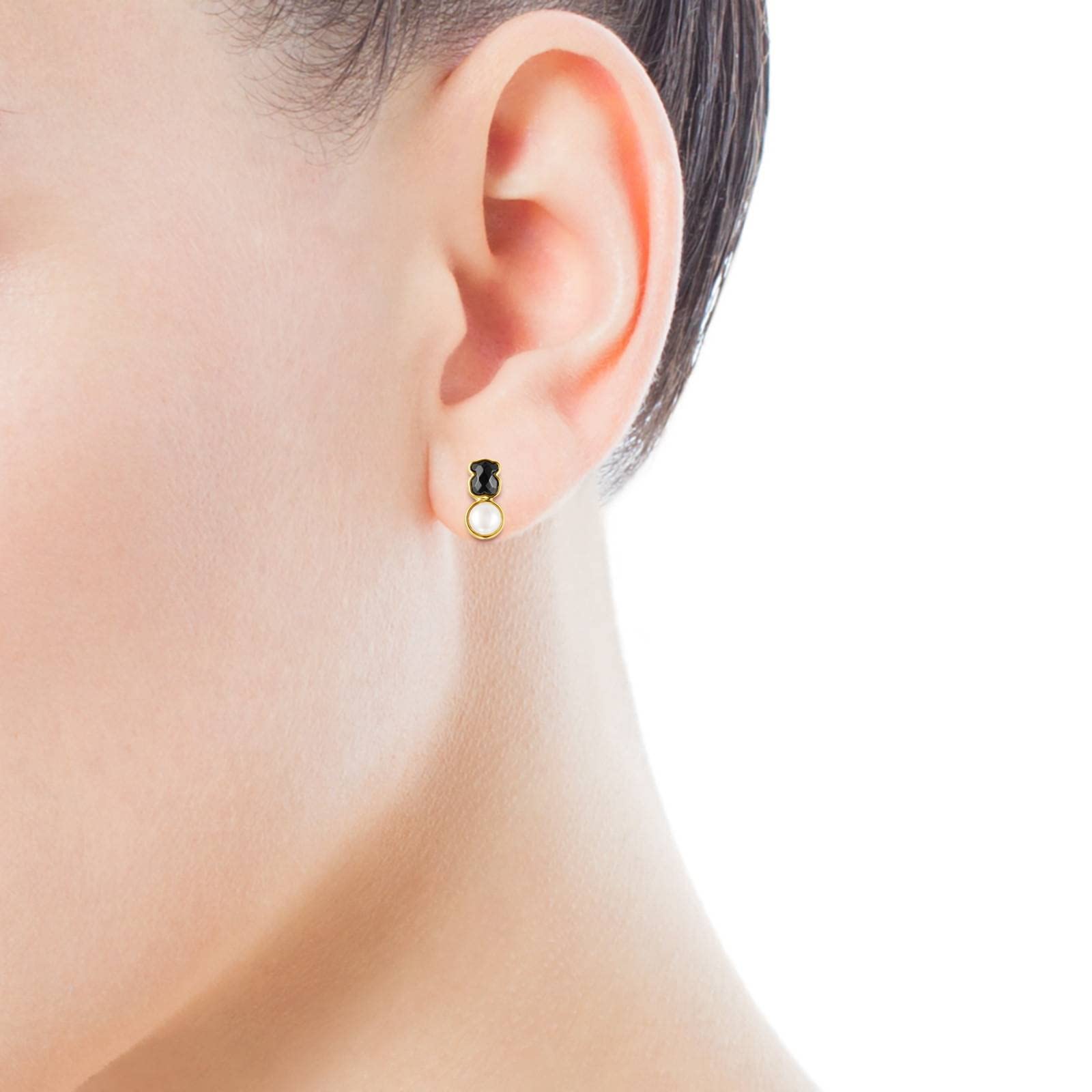 Pendientes con baño de oro 18 kt sobre plata y ónix y perla Glory