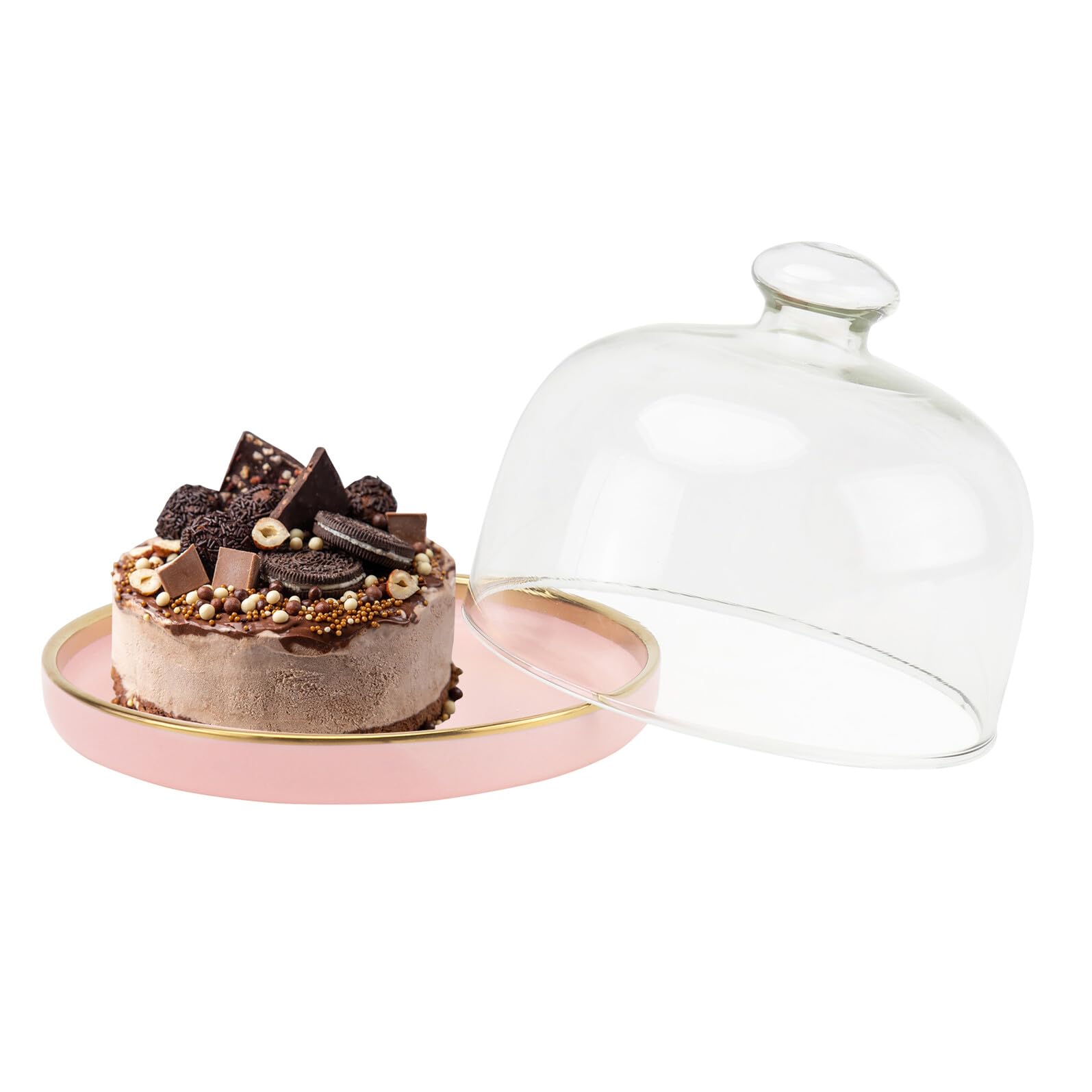 iplusmile Cloche à Gâteau en Verre sans Plomb Plateau Céramique, 1 Set Rose