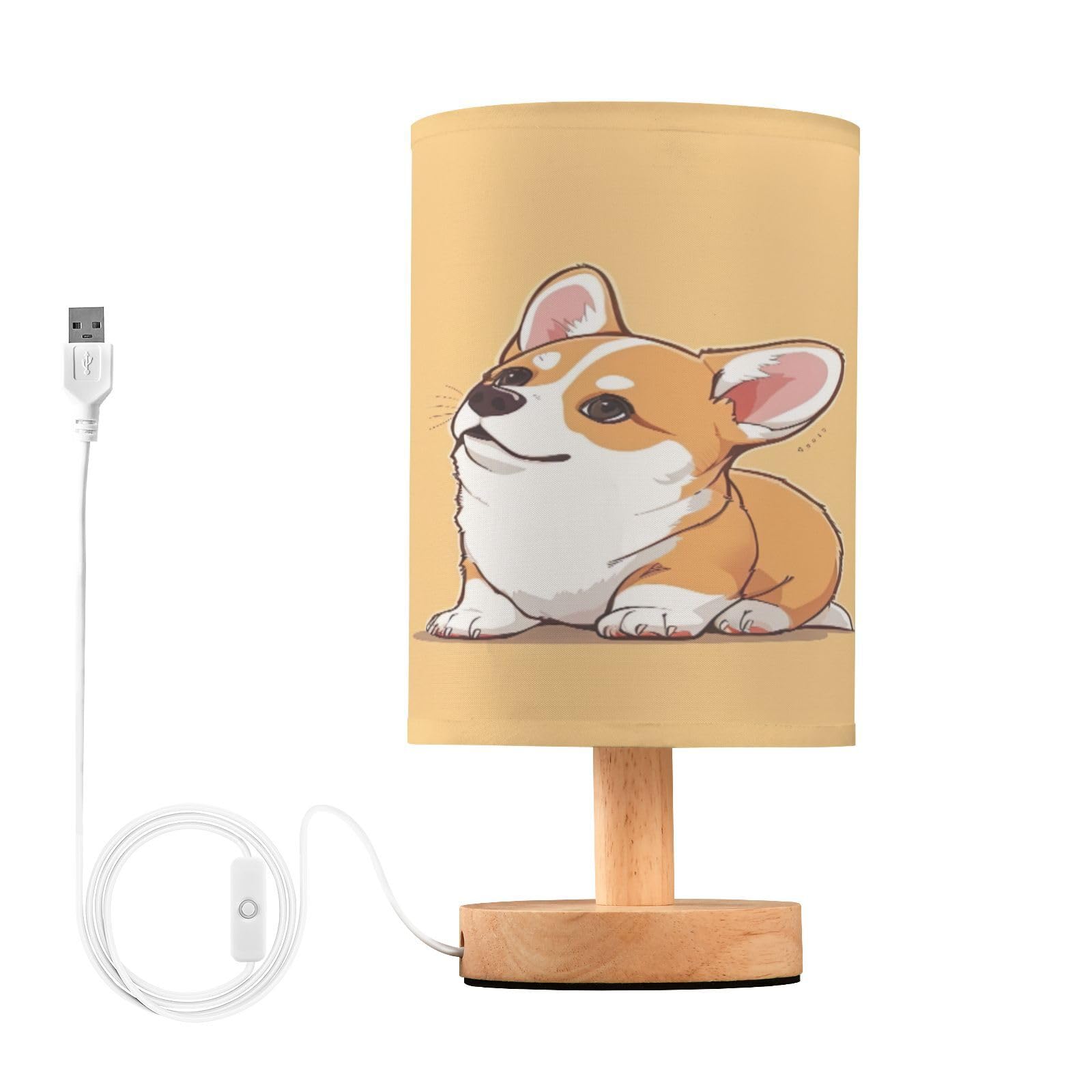 SDMKA Cartoon Corgi Puppy Bedside Table Lamp for Bedroom, Minimalist Nightstand Lamp with Round Fabric Shade for Living Room, Office, No Bulb Required