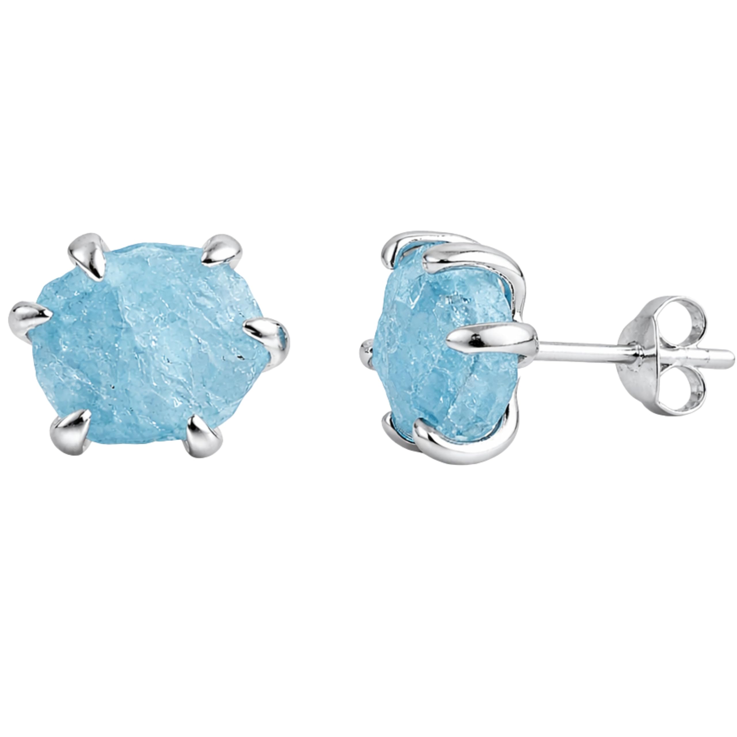 Orecchini a Bottone in Argento Sterling 925 con Acquamarina Grezza Naturale - Pezzo Unico Fatto a Mano con Pietra da 6-8 mm