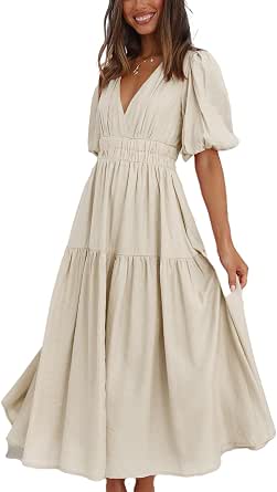 Women's Deep V Neck Puff Short Sleeve Maxi Dress - Boho Long Flowy Summer Dress