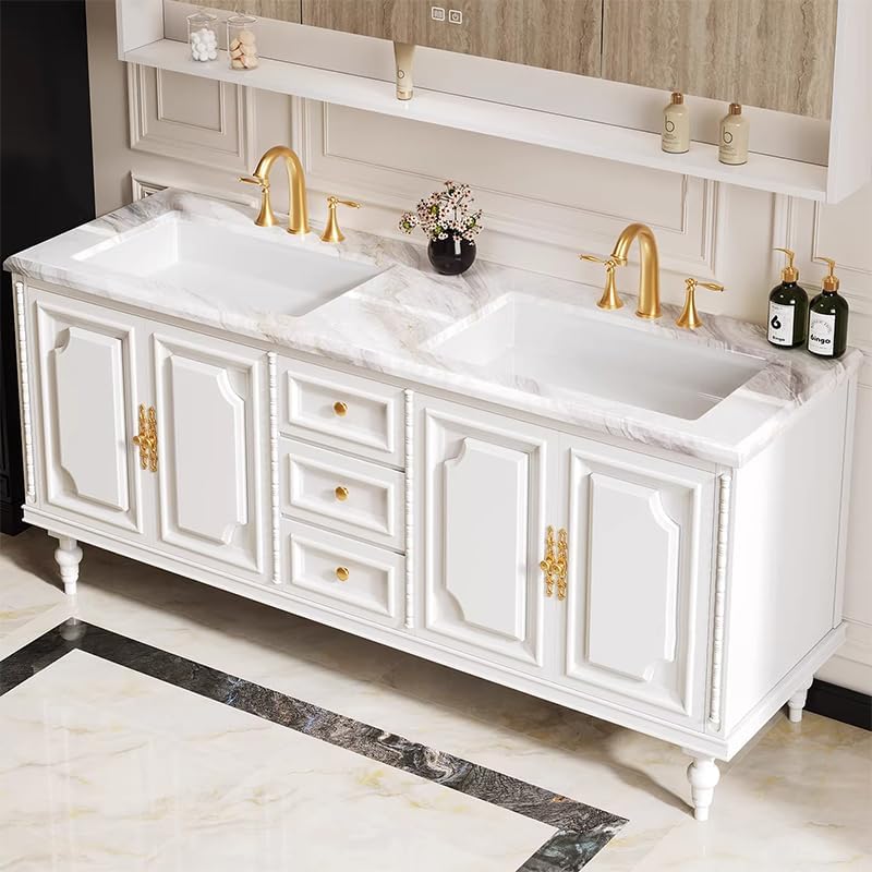 Bathroom Vanity with Single/Double Sink,Smart Defogging Mirror and Cabinet,48-92IN French Elegant Style Solid Wood Floor Standing Vanity (76" Single Sink, Vanity&Mirror Storage)