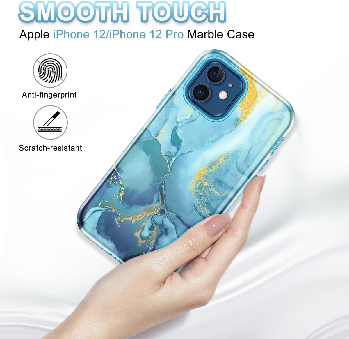 Btscase iPhone 12/12 Pro Case, Heavy Duty Three Layer Marble Shockproof Full Body Rugged Hard PC+Soft TPU Bumper Drop Protection Women Girls Cover, Blue - Image 3