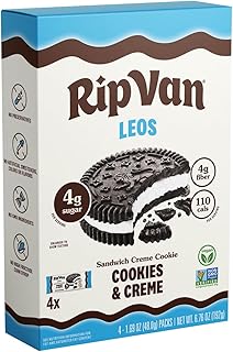 Rip Van LEOs - Cookies and Cream Sandwich Cookies - Low Sugar and Low Carb Snack - Diabetic and Vegan Snacks - 4 Packs of 1.69oz