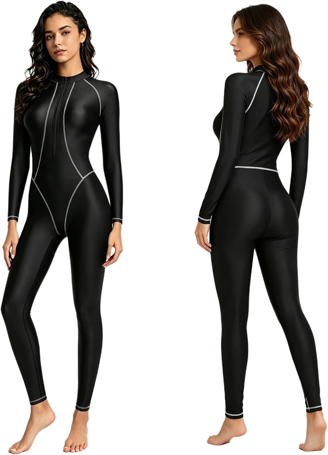 Sywiyi Women Athletic Swimsuit High Elasticty Silky Tights Tight Fitting Long Sleeve Oil Glossy Scuba Suit