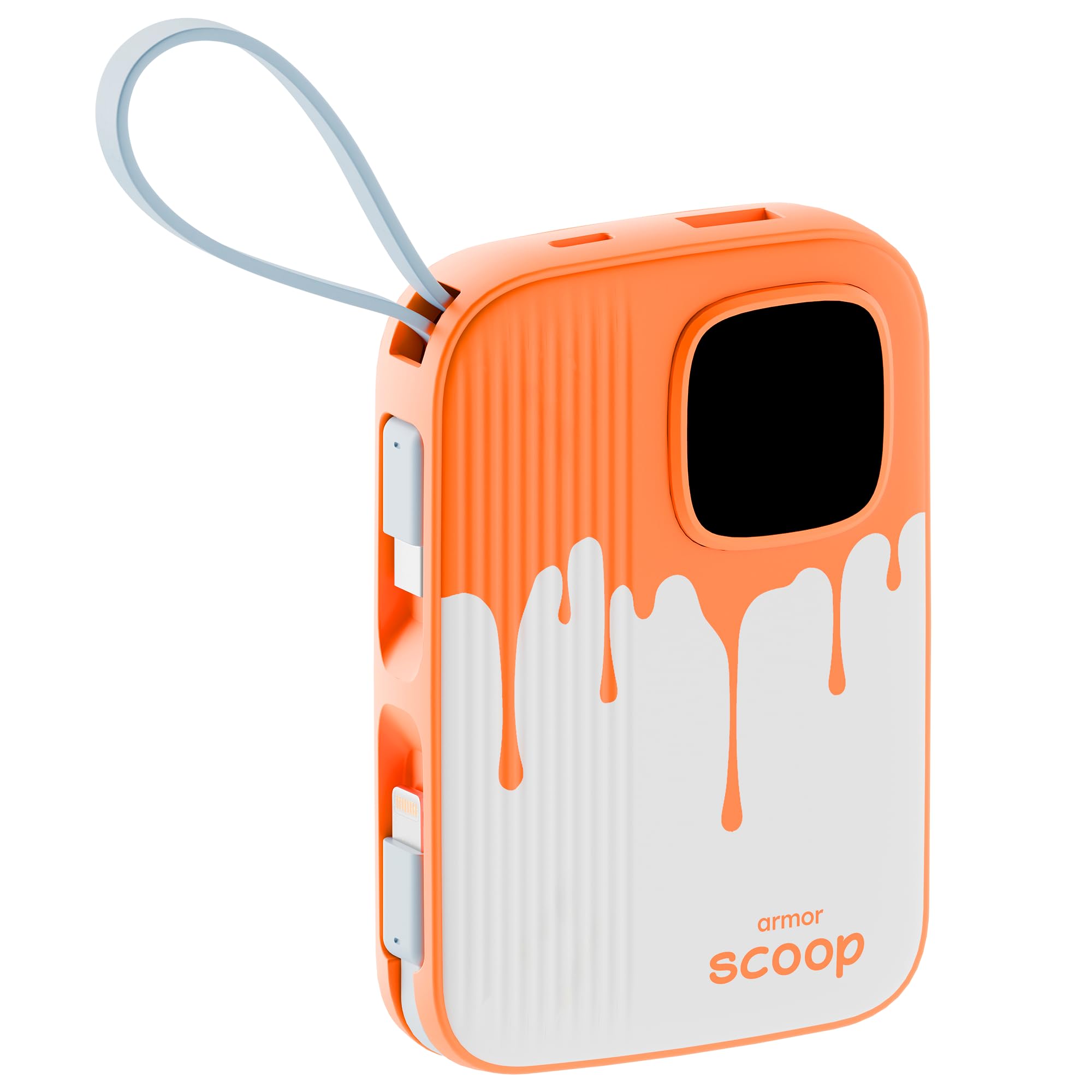 Armor Scoop Power Bank 10000mAh Fast Charging 22.5W | 2 Built-in Cables | 2 Output Ports | Type C Input & Output | Supports Android, Apple, Tablets, Earbuds, Watch | 5 Layer Protection (Orange Burst)-image-49