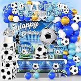 Soccer Birthday Party Decorations, All-in-1 Supplies Pack, Includes Plates and Napkins, Backdrop, Tablecloth, Balloon Kit for Blue Soccer Theme Party Decorations