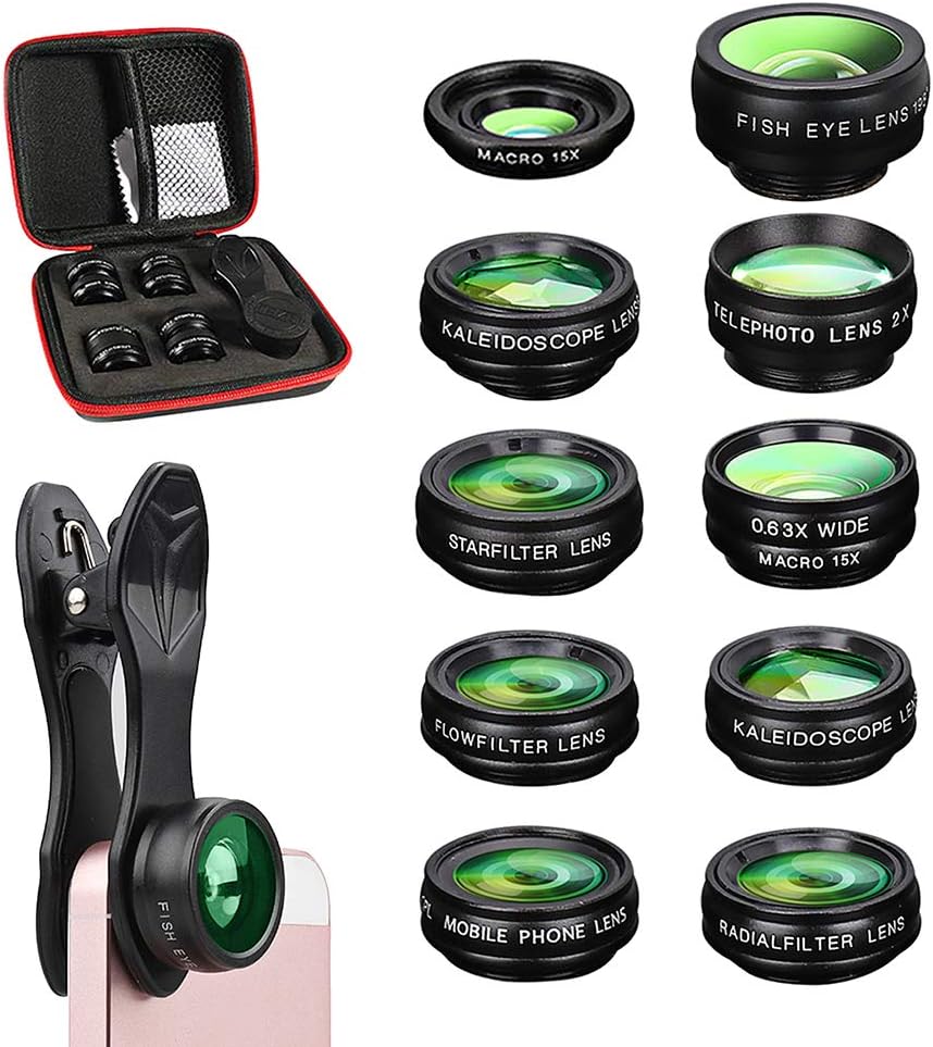 MUZI Phone Camera Lens Kit,10 in 1 Phone Lens Kit Wide Angle Lens & Macro Lens+Fisheye Lens+Telephoto Lens+CPL/Flow/Radial/Star Filter+Kaleidoscope 3/6 Lens for Most Android and Smart Phone