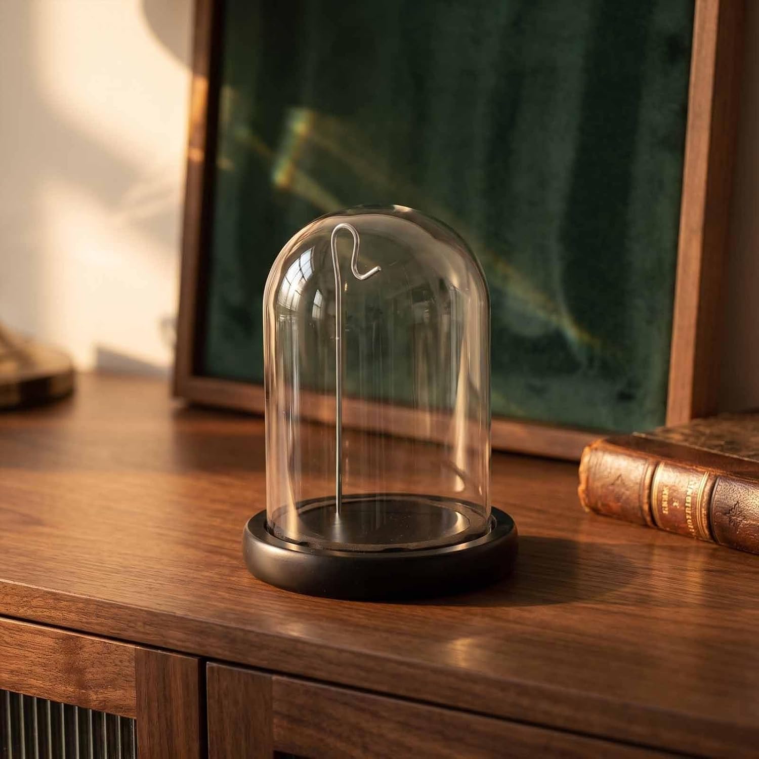 Cabilock Glass Pocket Watch Display Case with Metal Hook and Wood Base