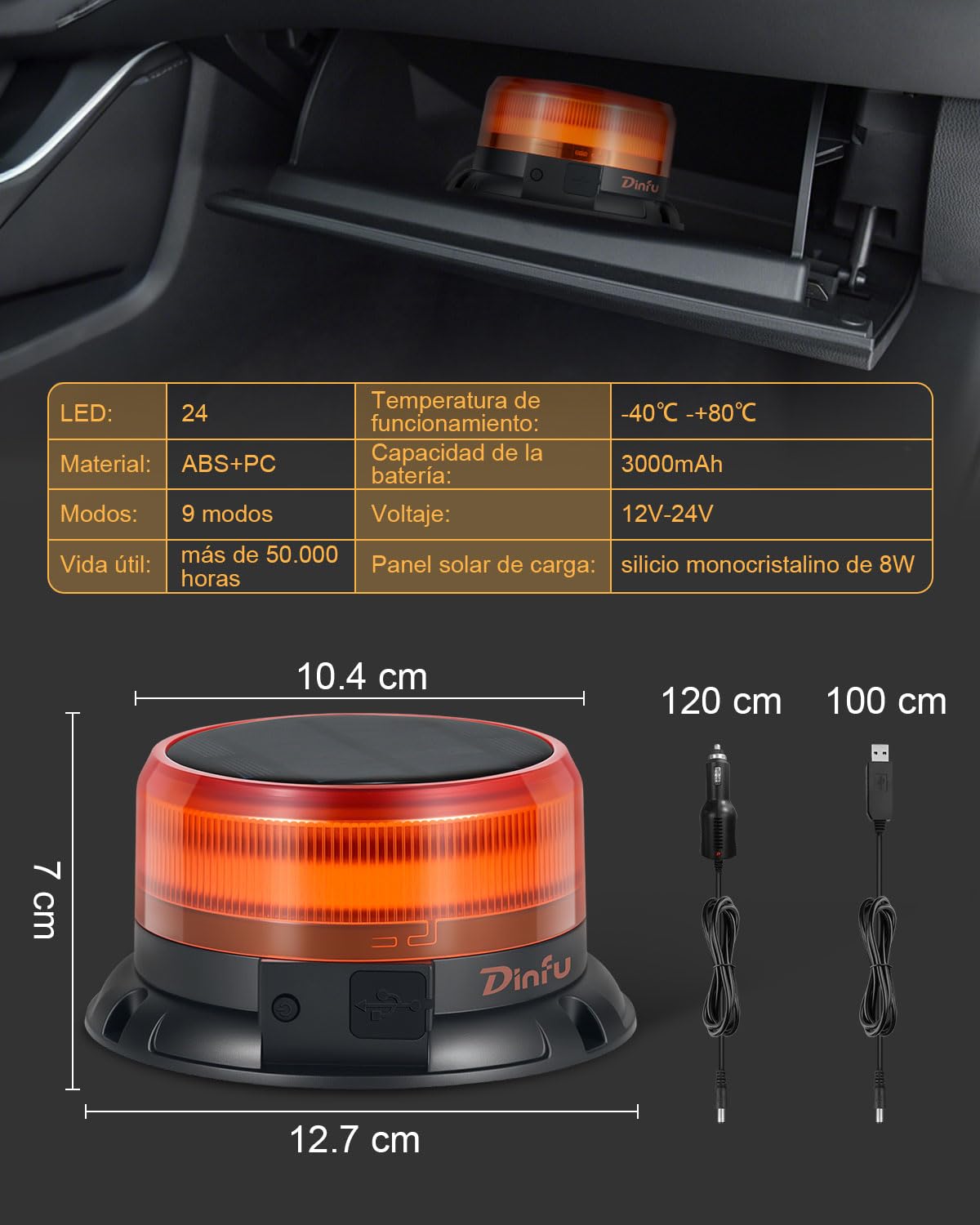 Dinfu rotativo led bateria solar 9 patrones de destello 12 V 24 V | amarilla luz de advertencia LED imán con Cargador para coche y cable USB para coche camión tractor carrito de golf SUV