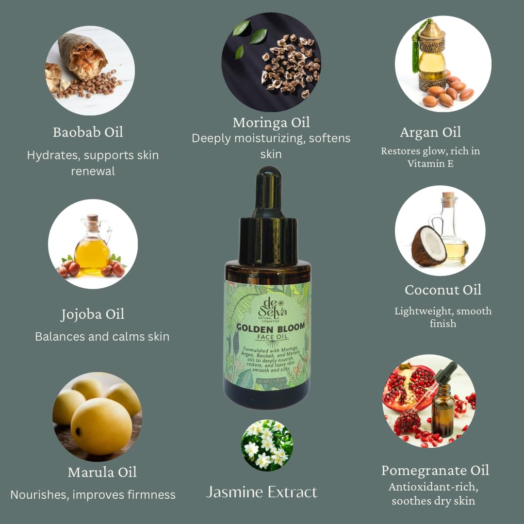 DeSelva Golden Bloom Facial Oil – Hydrating Glow Oil with Moringa, Argan, Pomegranate, Baobab & Marula – Organic, Vegan, Cruelty-Free, Lightweight, Fast-Absorbing Moisturizer for Oily & Dry Skin 1 oz - Image 3