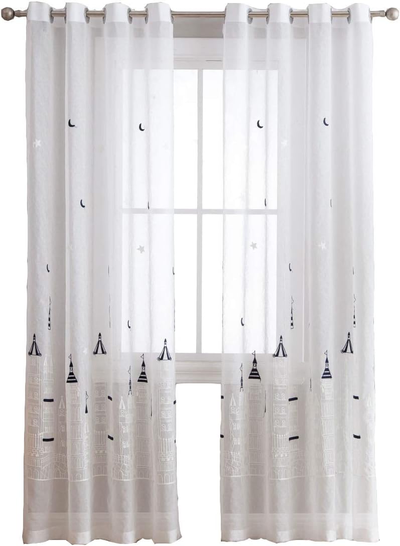 Vandesun Cute Castle Grommet Top Window Sheer for Kids Room 1 Sheer (Blue Sheer, 52×63)
