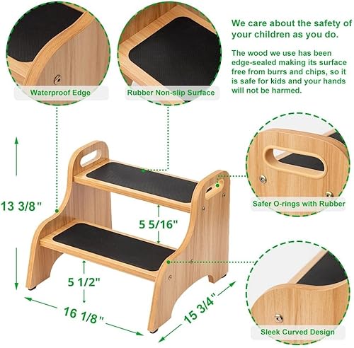 Miniatura 8 de StrongTek Taburete de madera de 2 escalones para niños con superficie antideslizante, asas portátiles, almohadillas antideslizantes y capacidad de