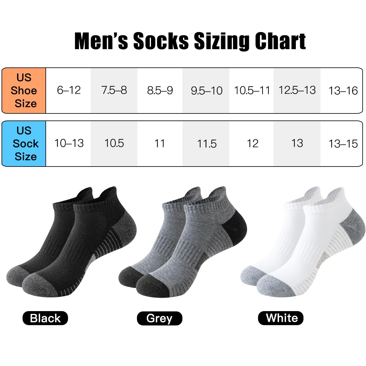 JOYNÉE 10 pares de calcetines deportivos para hombre, acolchados, transpirables, de corte bajo, para hombre, talla de calcetín 10-13