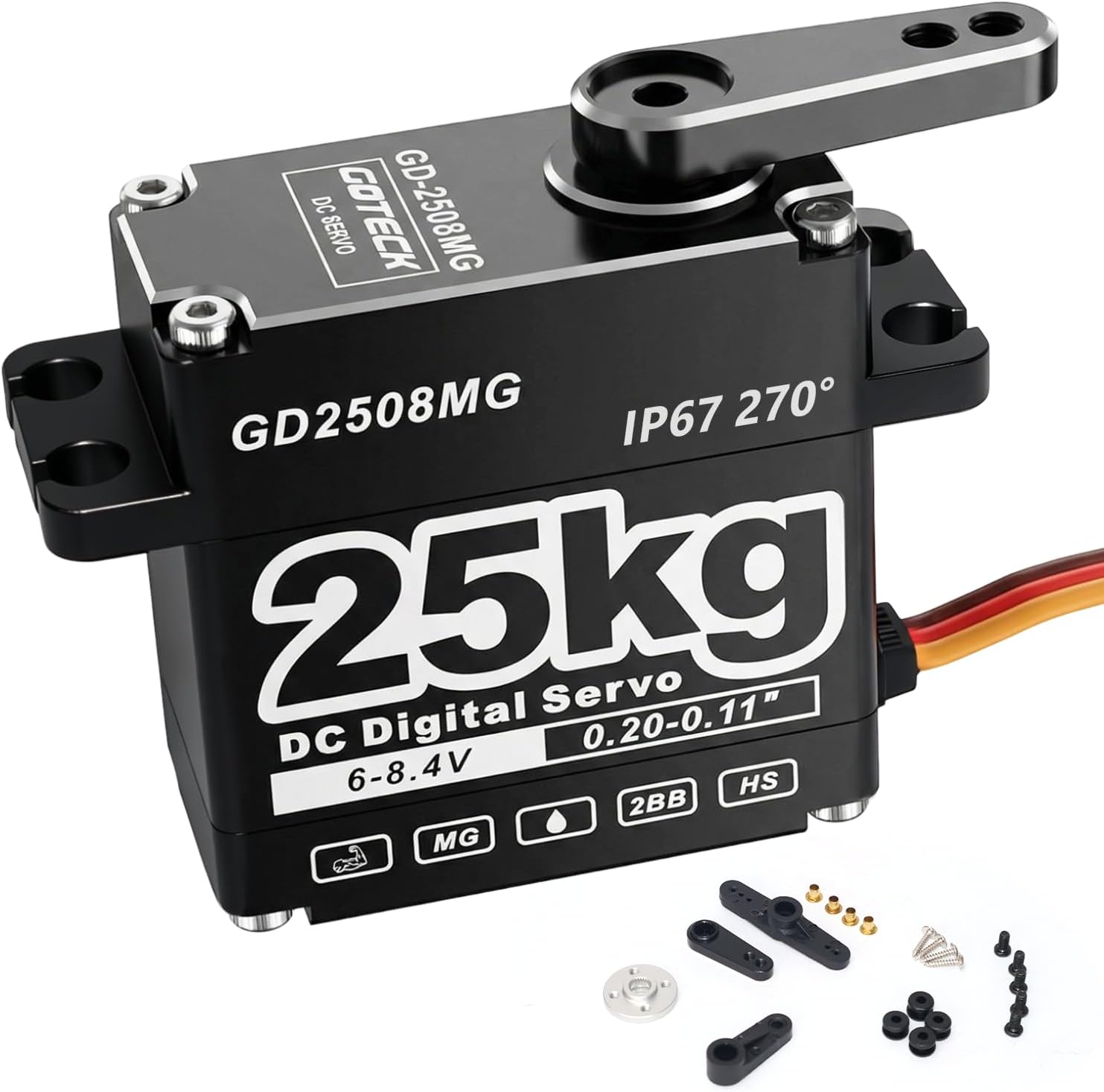 GOTECK 25KG Digital Servo,Large Torque 8.4V Full Metal Gear IP67 Waterproof Steering Servo with 25T Servo Horn for 1/8 1/10 1/12 RC Crawler Car,Robot,Boat,Truck Robot Parts (25KG(8.4V)-270°)