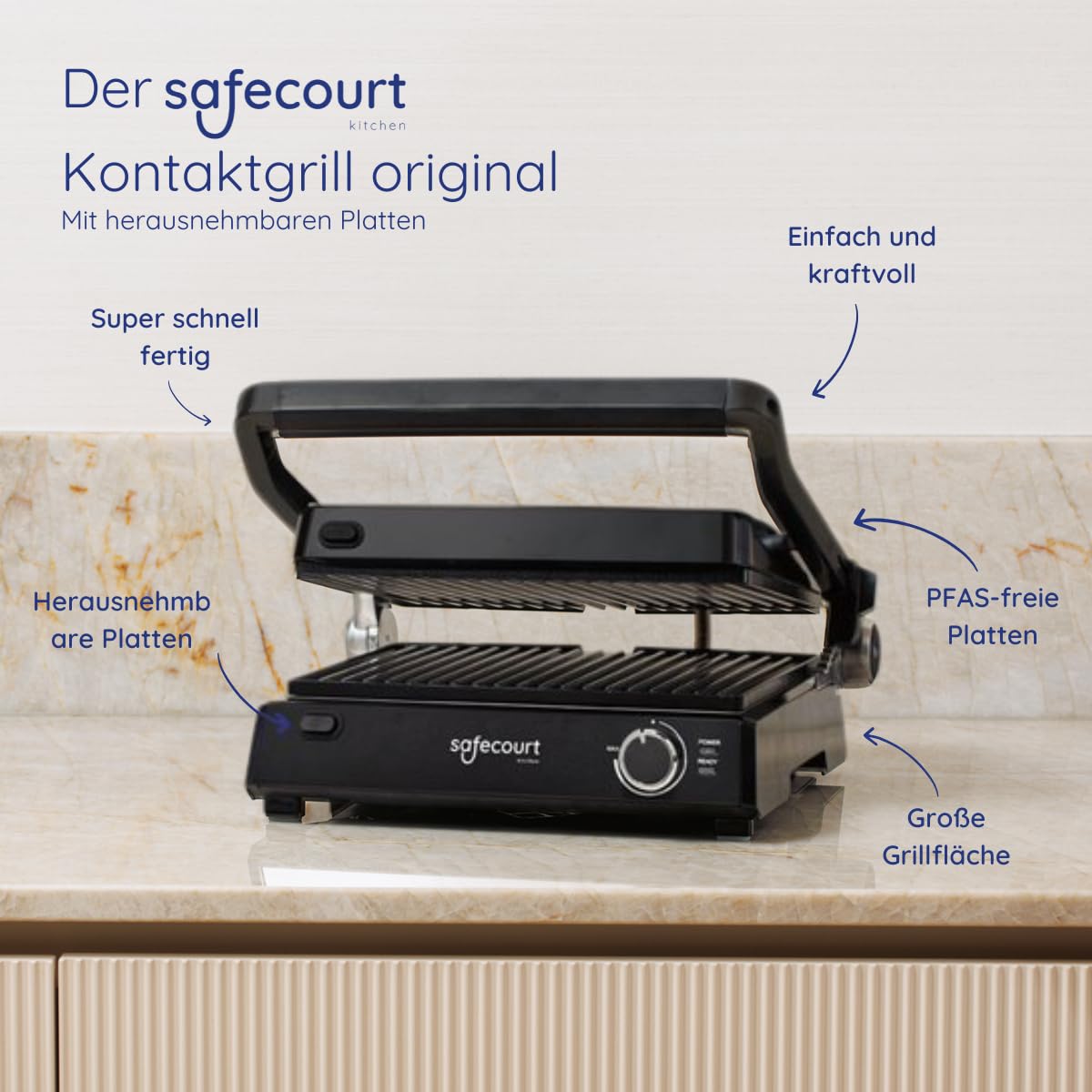 Safecourt Sandwichmaker 3 in 1 Kontaktgrill abnehmbare Platten - Sandwichtoaster [XXL Grillfläche & BPA-frei] - Sandwich- & Paninitoaster schnelle Zubereitung, spülmaschinenfest - Panini Grill schwarz
