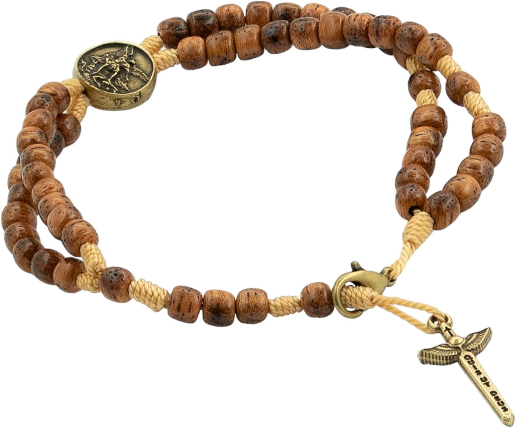 Saint Michael Medal Devotional Catholic Corded Wood Rosary Bracelet for Men & Women, Handcrafted in Brazil