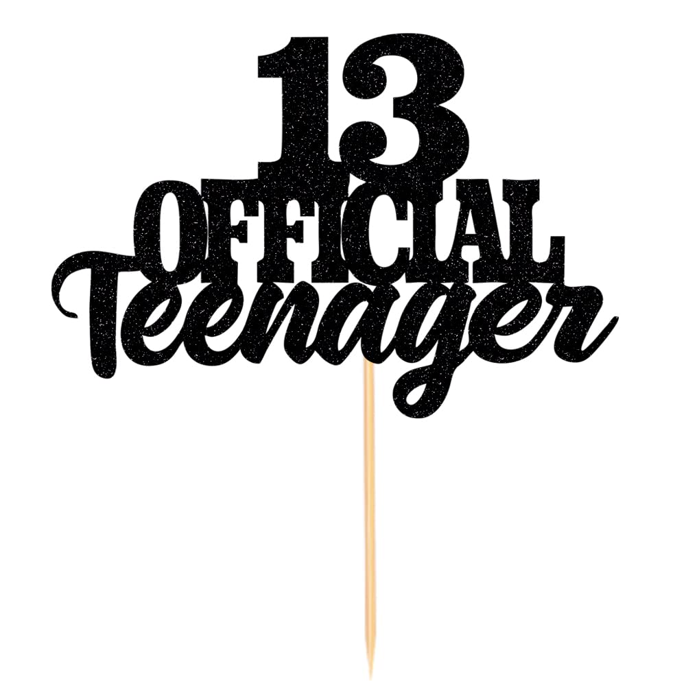 13 Official Teenager Cake Topper - Glitter 13th Birthday Decor, Black