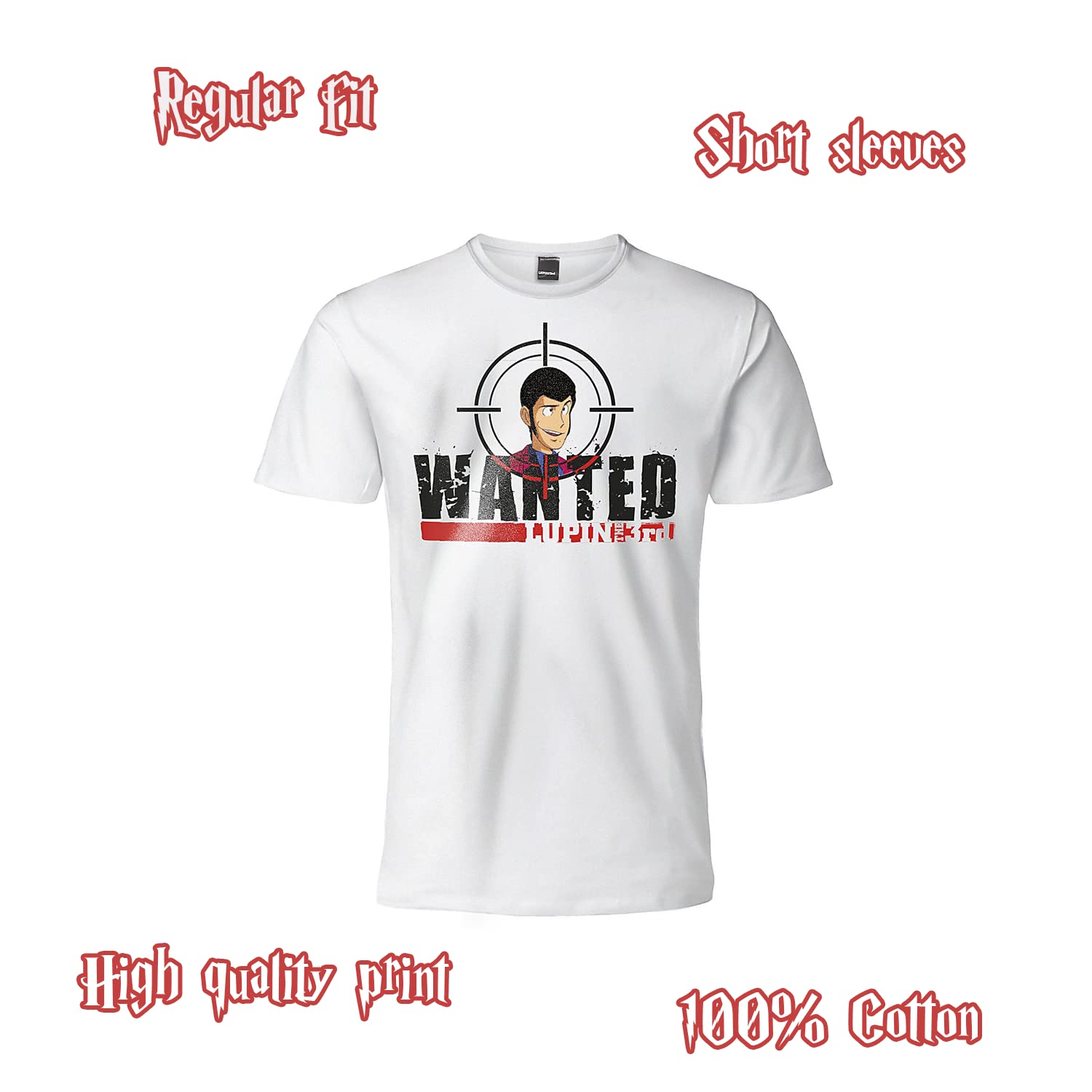 T Shirt Lupin III Wanted. Koszulka z krótkim rękawem w 100% bawełna. Biała koszulka Unisex. Dorosły Chłopiec.