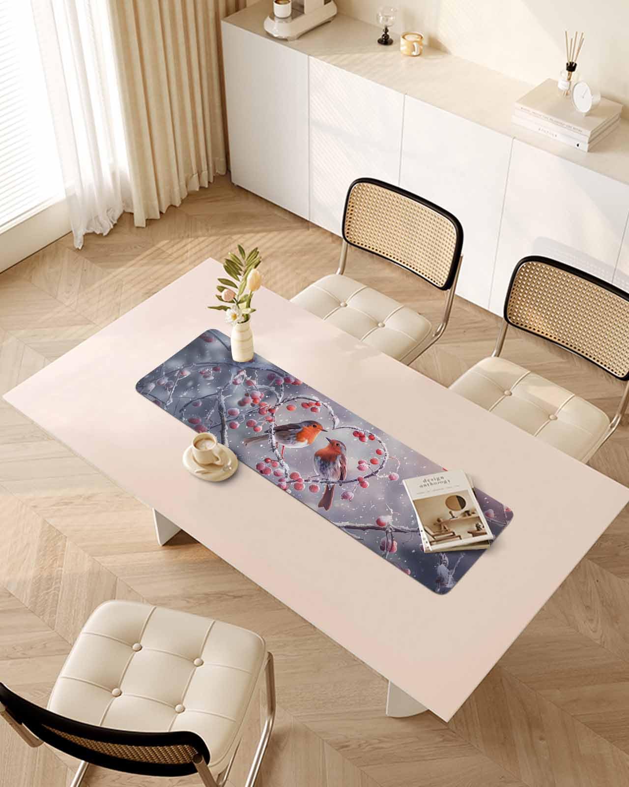 Debedcor Heat Proof Table Pads Waterproof Decorative, Christmas Winter Non-Slip Table Countertop Protector, Rustic Birds Love Heart Snowing Insulation Mat for Kitchen Room, 40 x 12 Inches