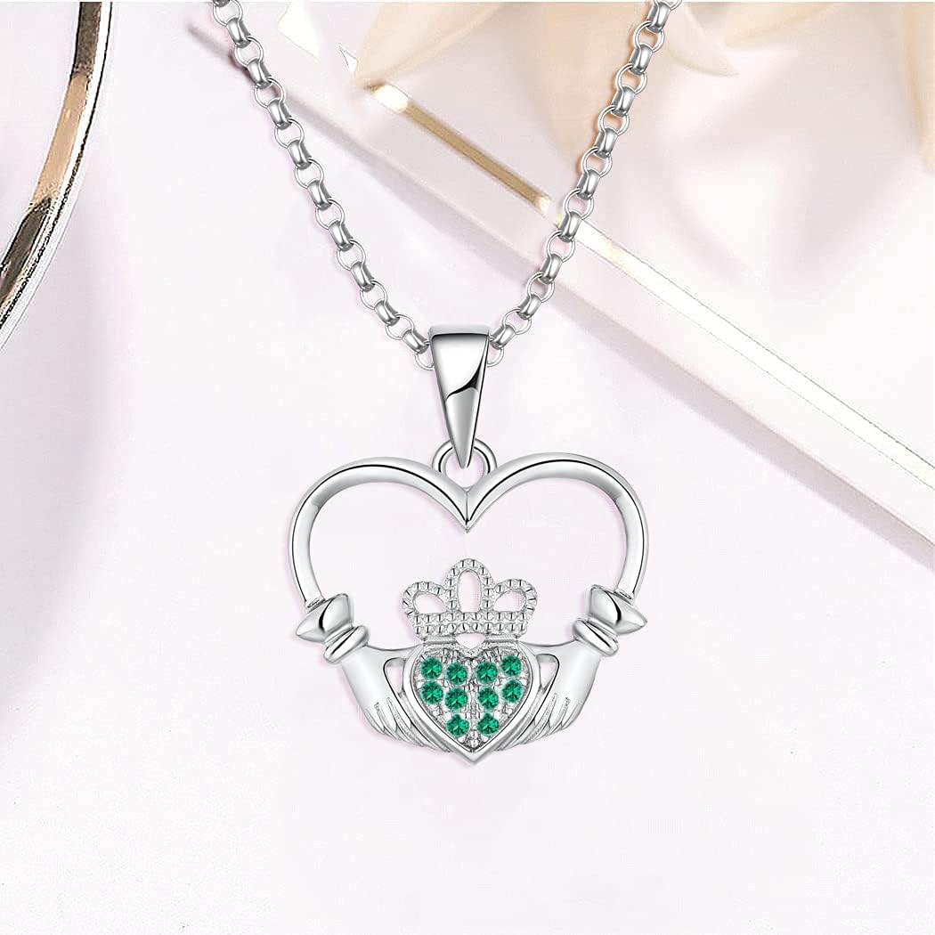 JO WISDOM Women Necklace,925 Sterling Silver Celtic Heart Claddagh Pendant Necklace with AAA Cubic Zirconia Irish Wedding Necklace
