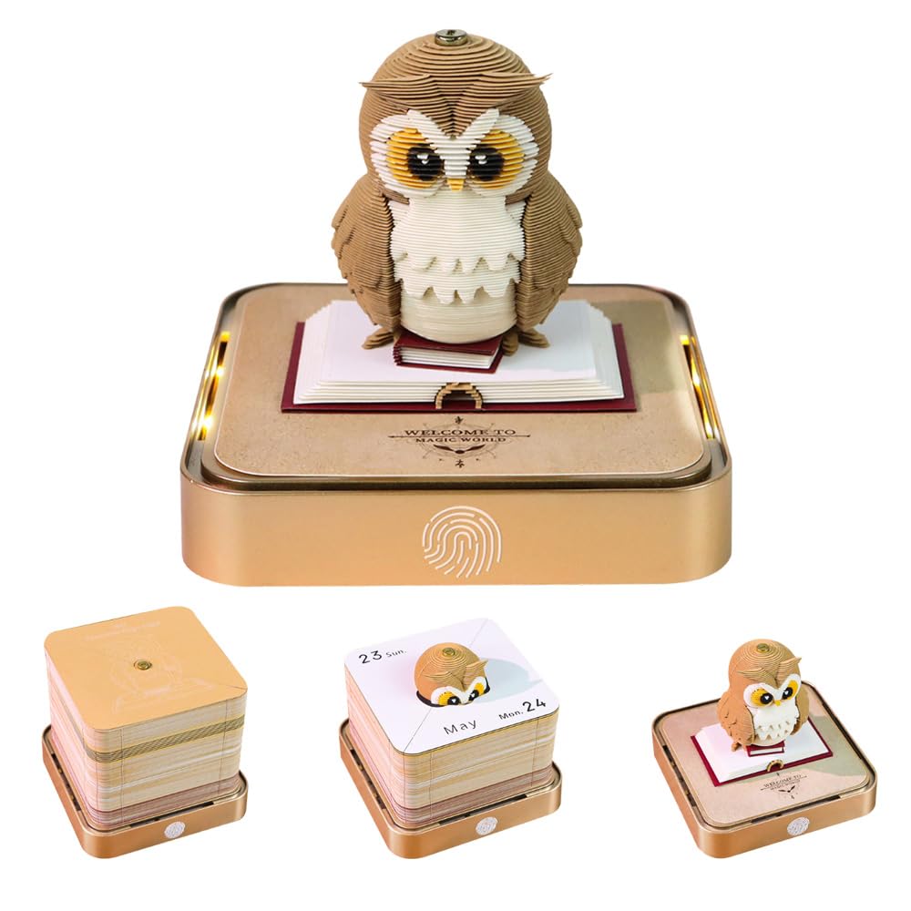 JYQOQH 3D Calendar 2027, 3D Desk Calendar with Led Lights, Owl Themed Time Piece Calendar, Paper Sculpture Calendar, DIY Paper Carving Time Piece Notepad for Home Office Desktop Decoration