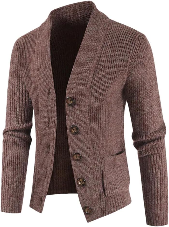 Men's Winter Thickened Warm Sweater Long Sleeve V-Neck Button Cable Knitted Cardigan Coat